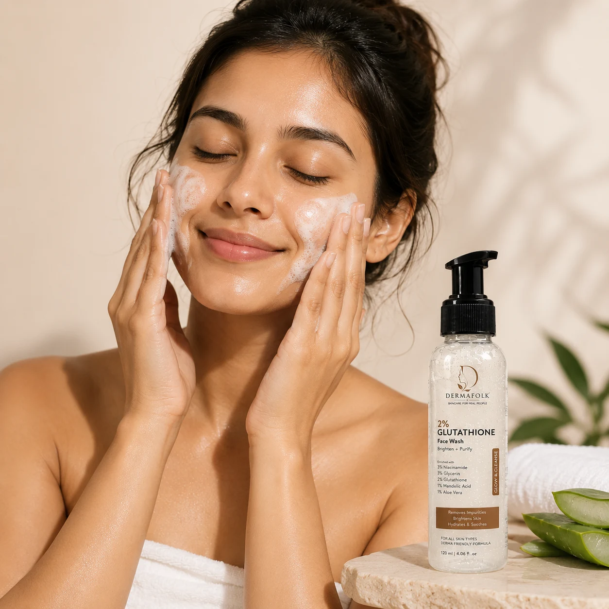Woman applying Dermafolk face wash during her morning routine